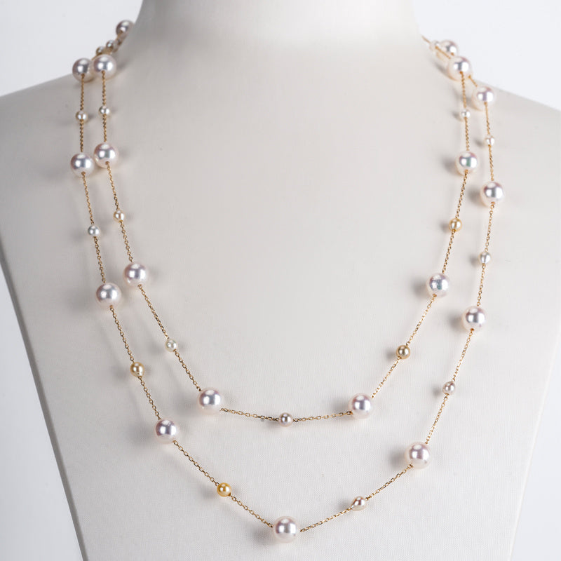 Two-layered pearl necklace on a mannequin with a plain background