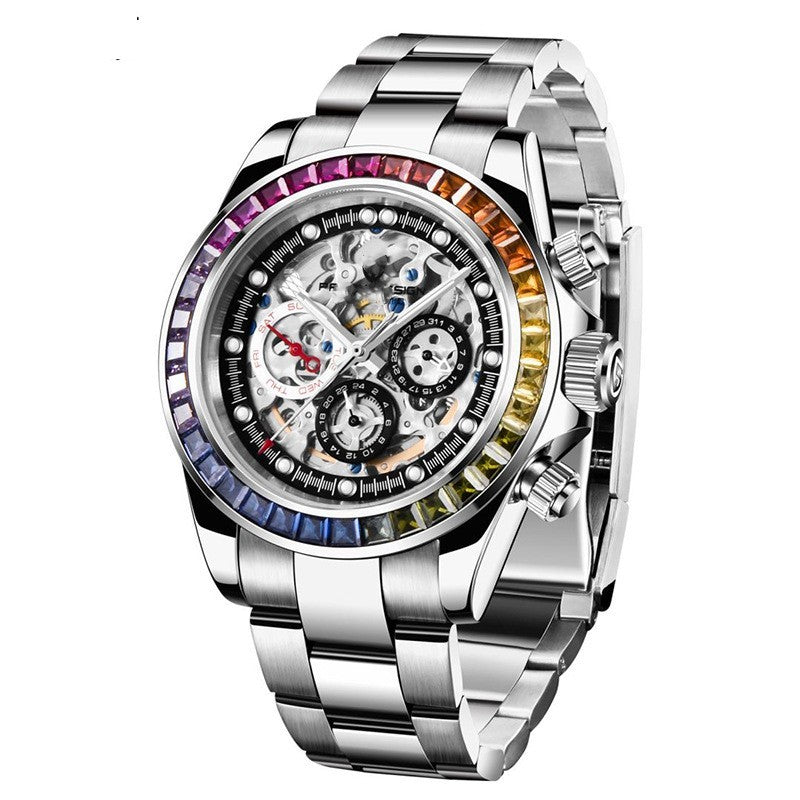 Silver wristwatch with a detailed face on a white background