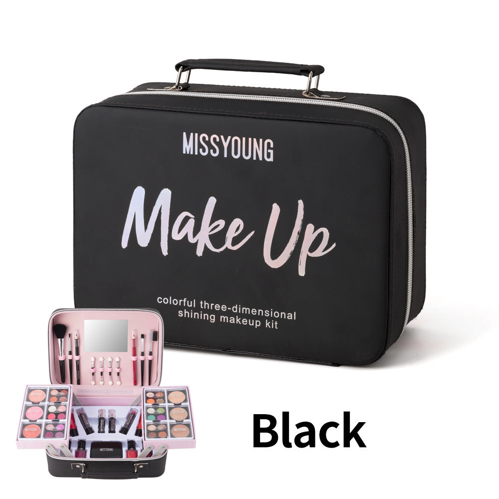Black makeup kit with 'MISSYOUNG' branding and open makeup set on a white background