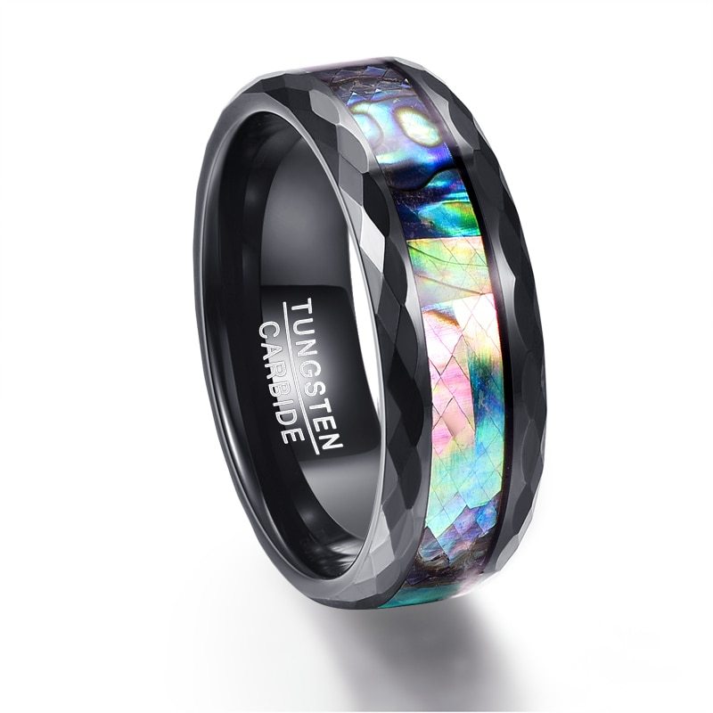 Black tungsten carbide ring with colorful abalone shell inlay on a white background