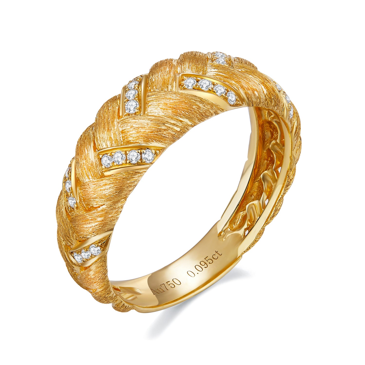 Gold ring with diamond accents on a white background