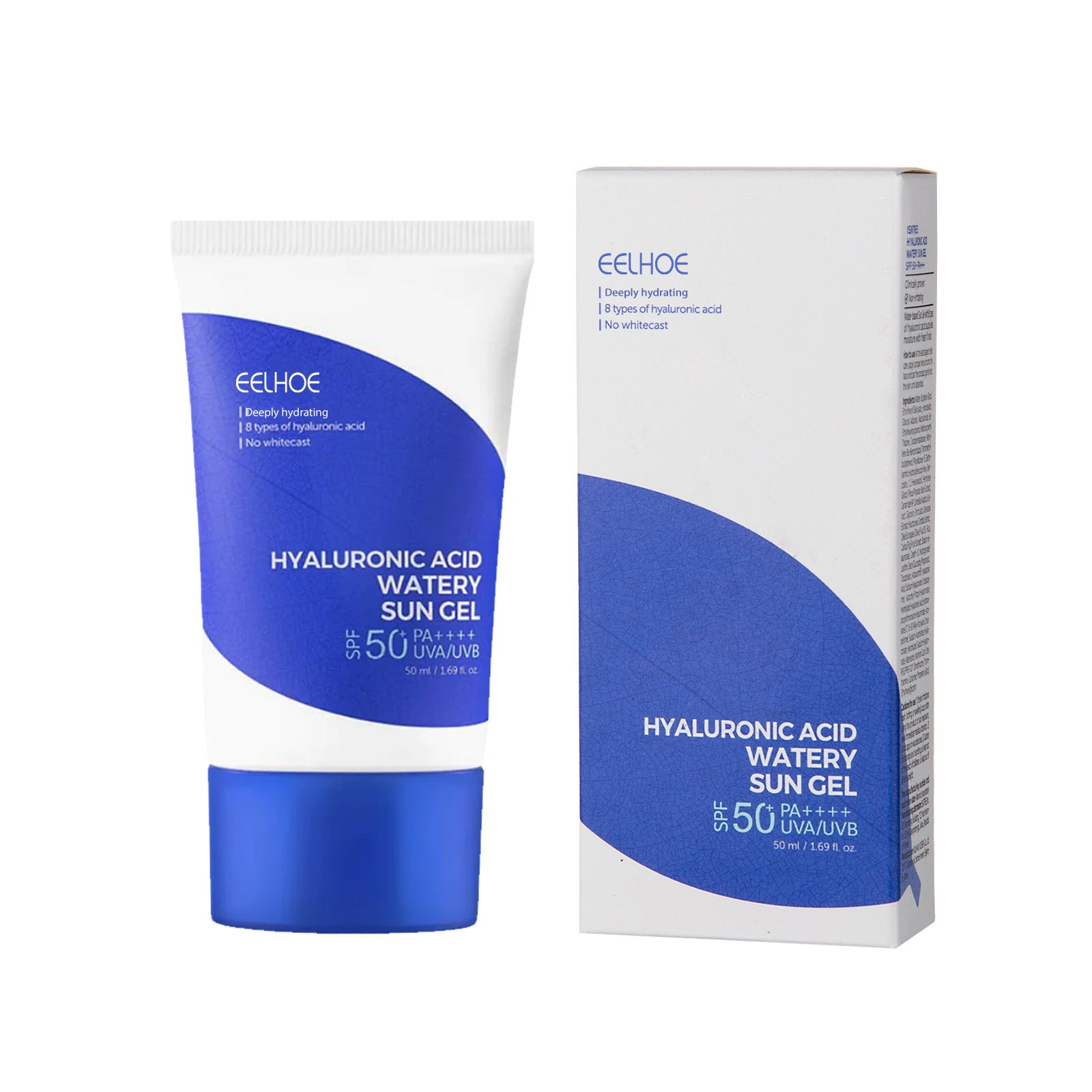 Eelhoe Hyaluronic Acid Watery Sun Gel with packaging on a white background