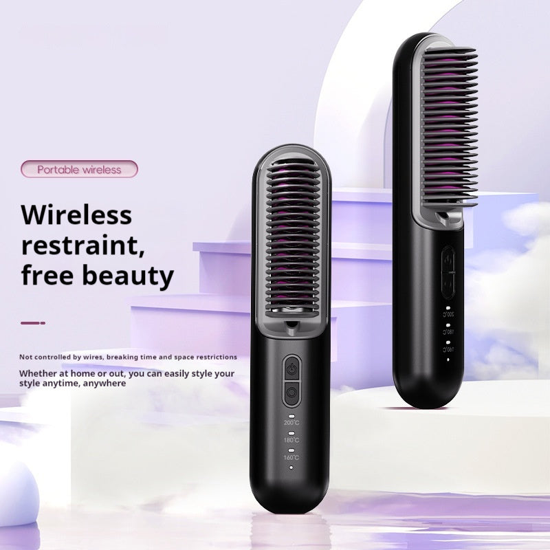 Black hair styling tool with comb and brush attachments on a light purple background