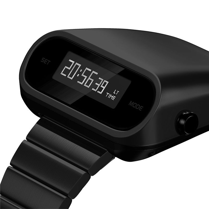 Black digital smartwatch with a metallic band on a white background