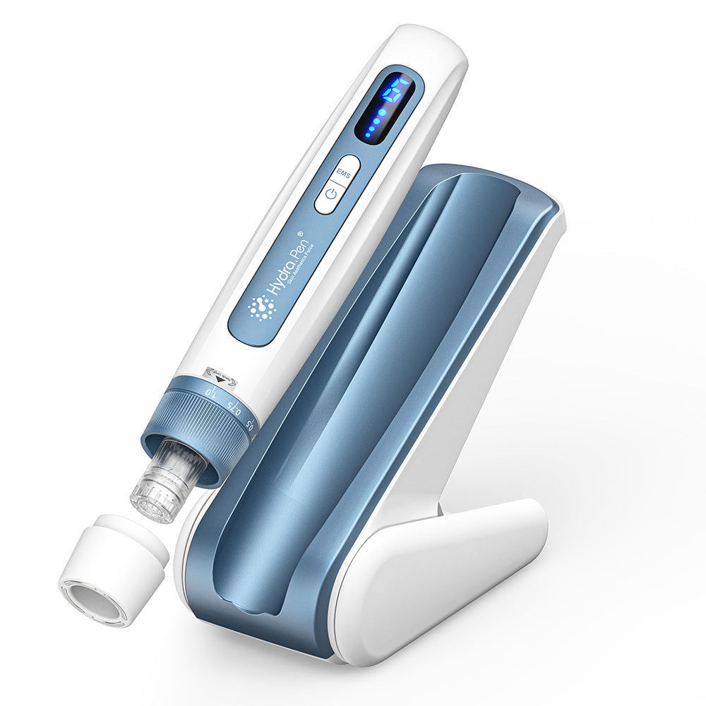 Blue and white electronic device with a digital display on a white background