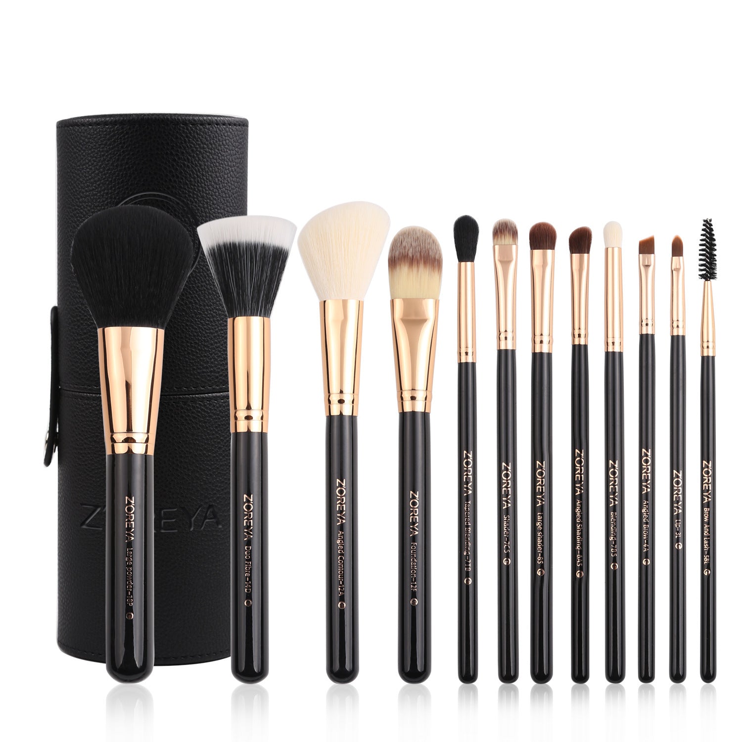 Set of makeup brushes with black and gold handles and a black holder on a white background