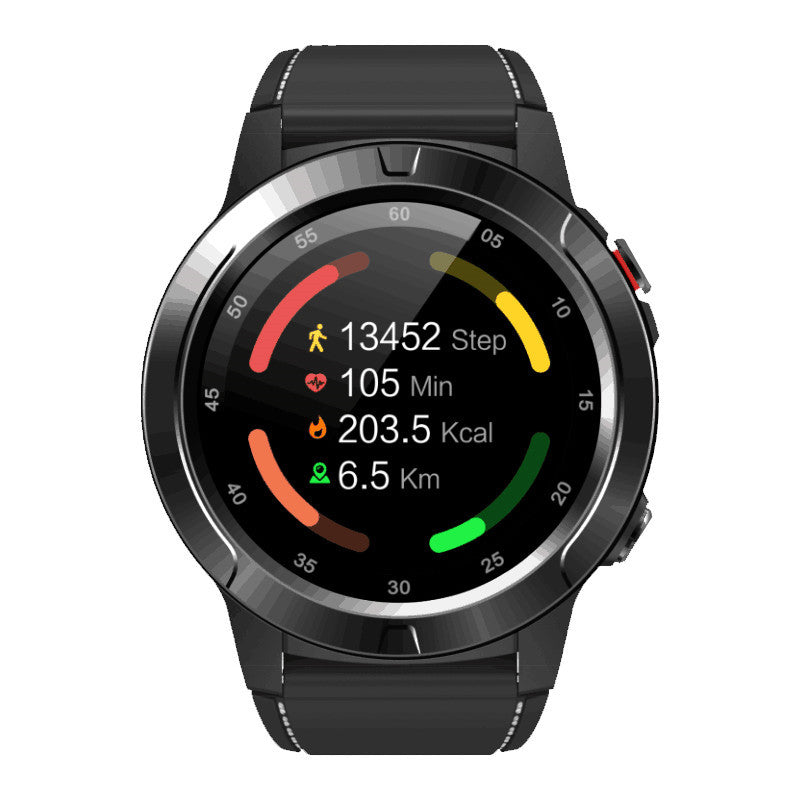 Black smartwatch displaying fitness stats on a white background