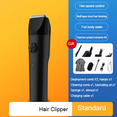 Hair clipper with features listed on a yellow and blue background