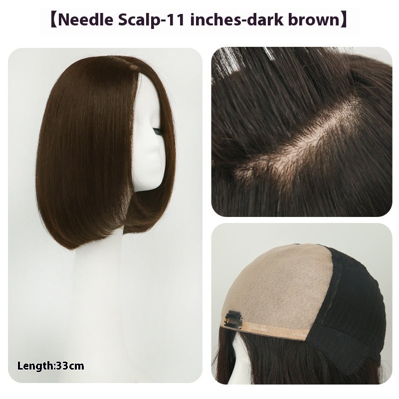 Dark brown hair extension with needle scalp and mannequin head display.