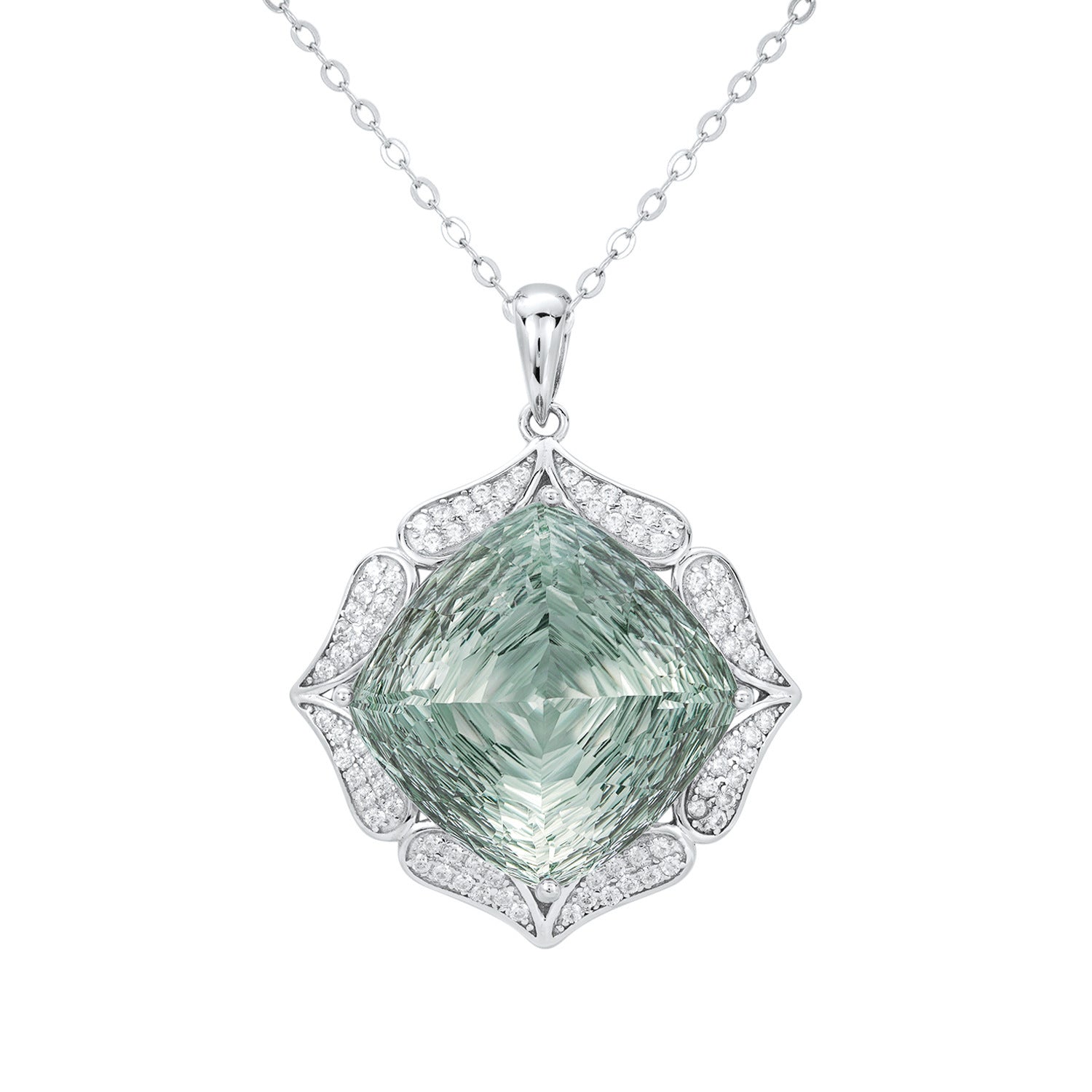 Green gemstone pendant with silver frame on a white background