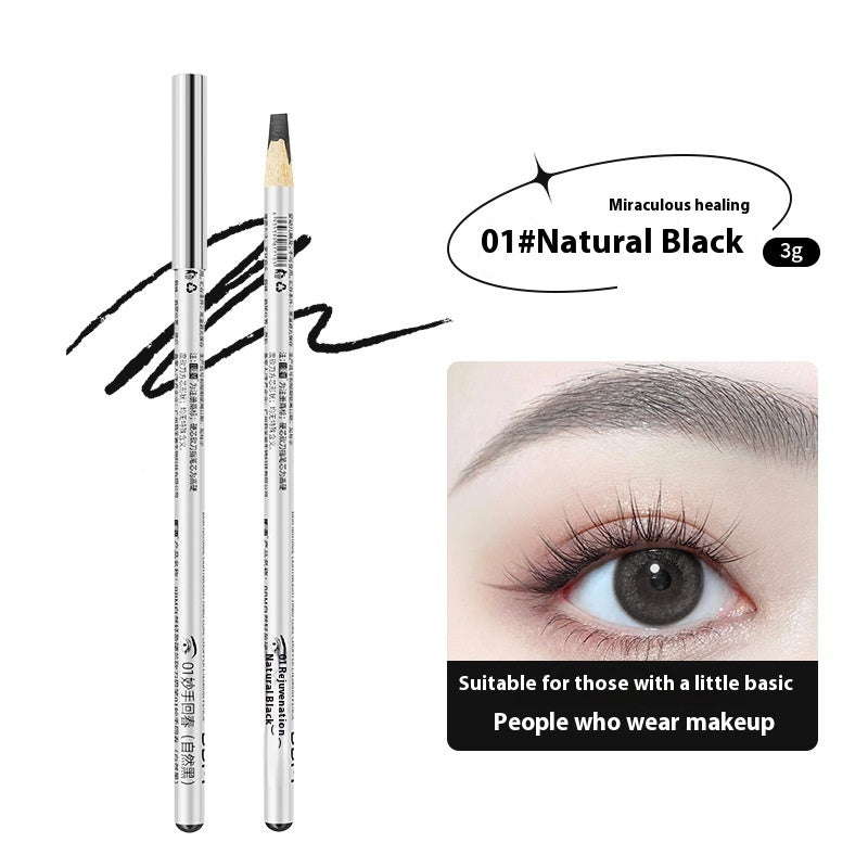 Eyebrow pencil with packaging and an eye with applied makeup on a white background