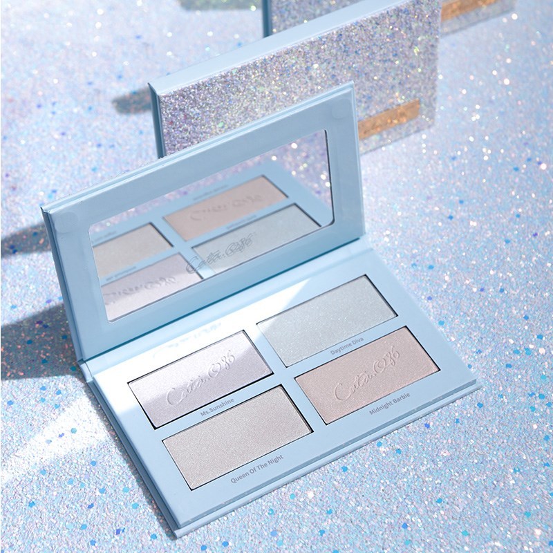 Makeup palette with silver and blue design on a glittery background