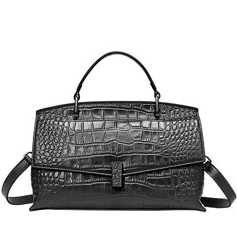 Black crocodile-patterned handbag on a white background