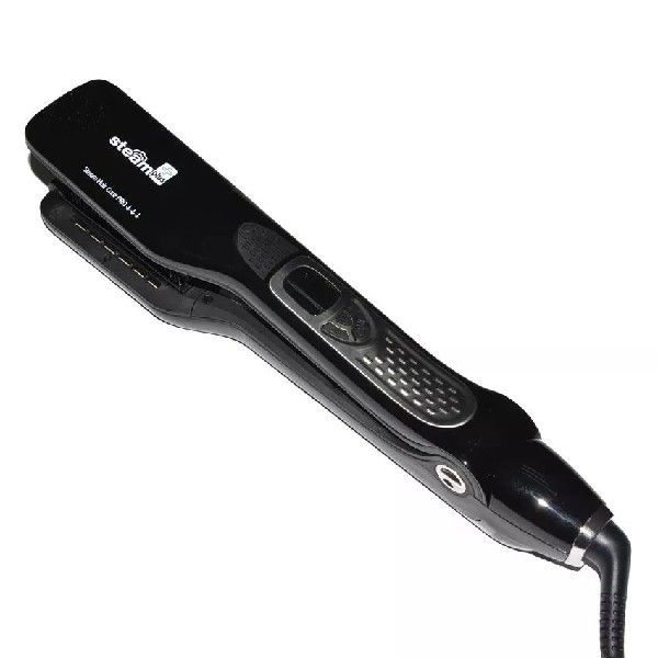 Black hair straightener with brand logo on a white background