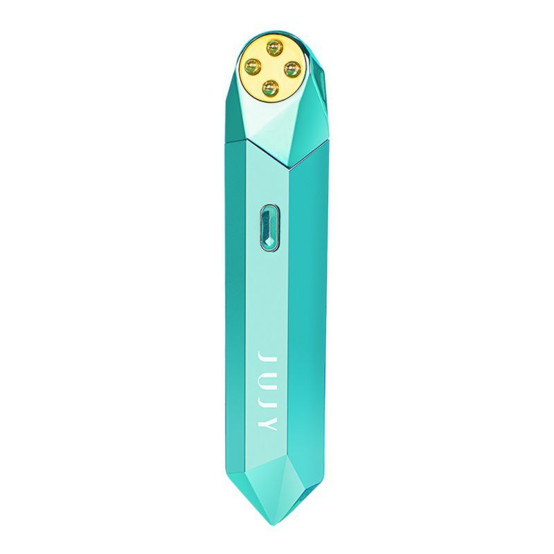 Turquoise vape pen with gold accents on a white background