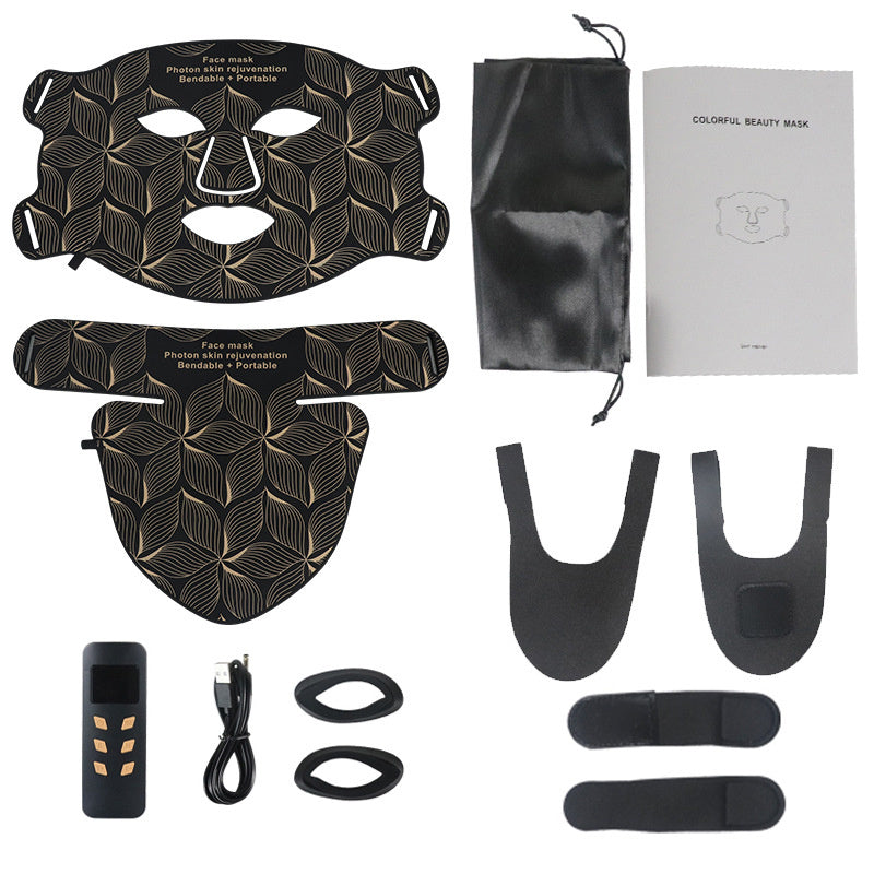 Collection of black face mask components and accessories on a white background