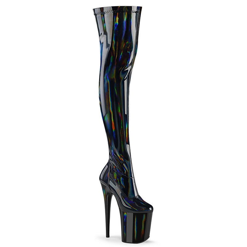Black and blue striped high-heeled boot on a white background