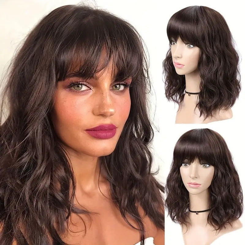 Brown wig with bangs on a mannequin head and a woman's head.