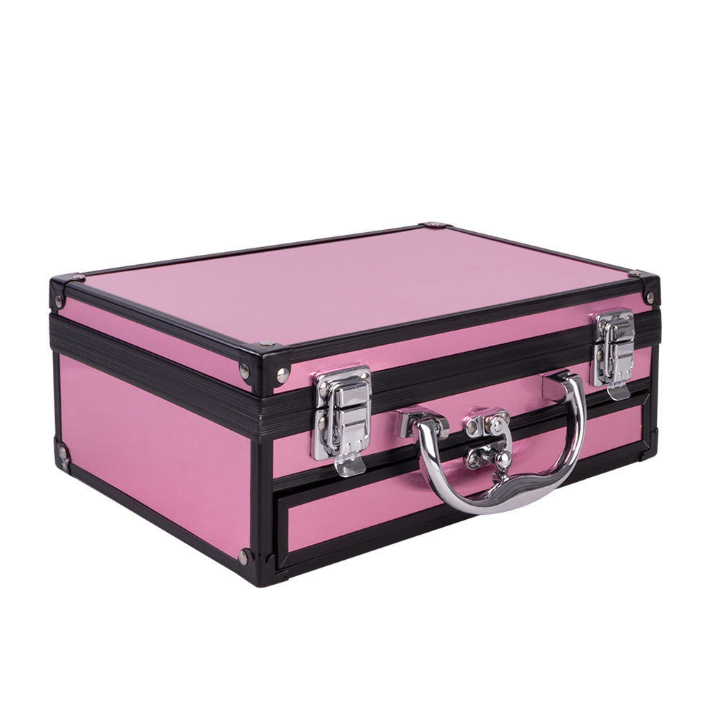 Pink suitcase with black trim on a white background