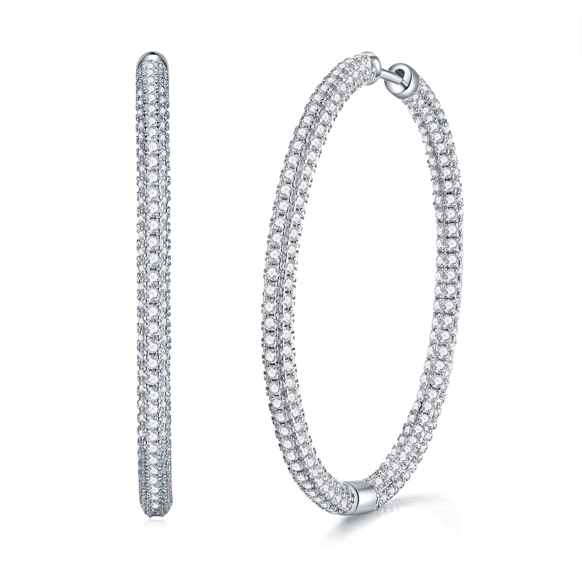 Pair of silver hoop earrings on a white background