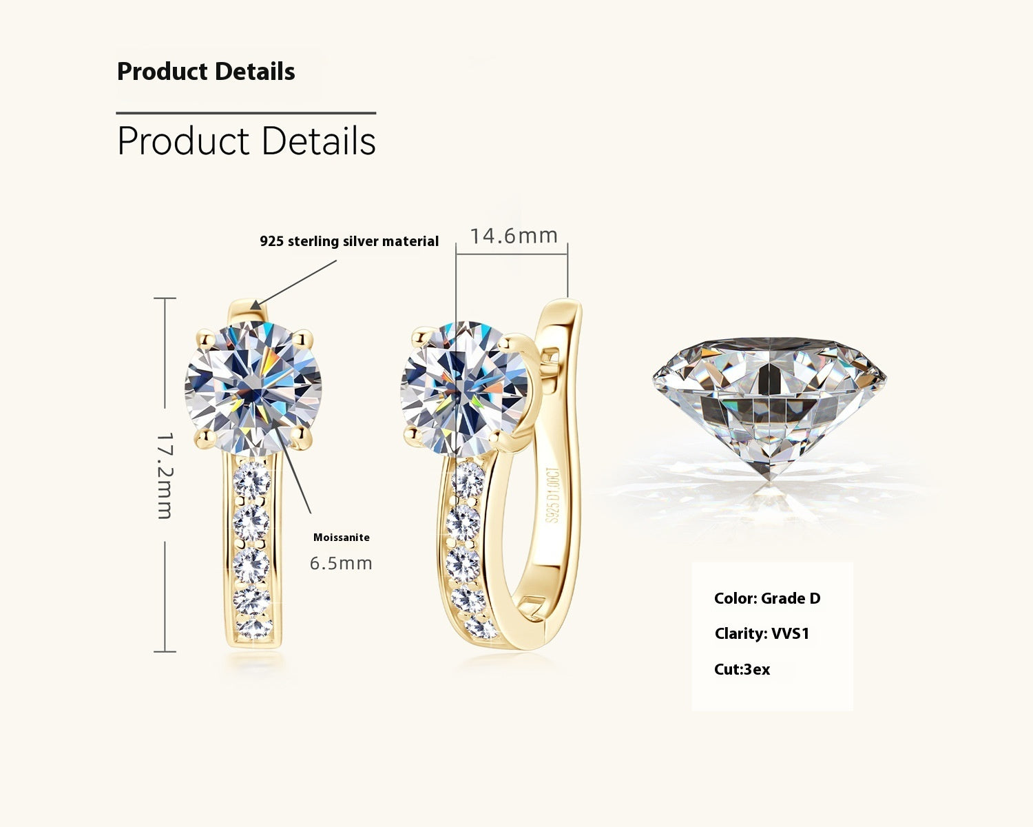 Gold hoop earrings with clear gemstones, showing product details on a white background.