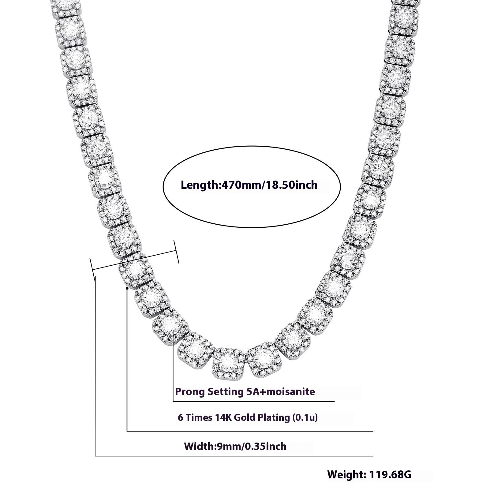 Diamante necklace with measurements on a white background