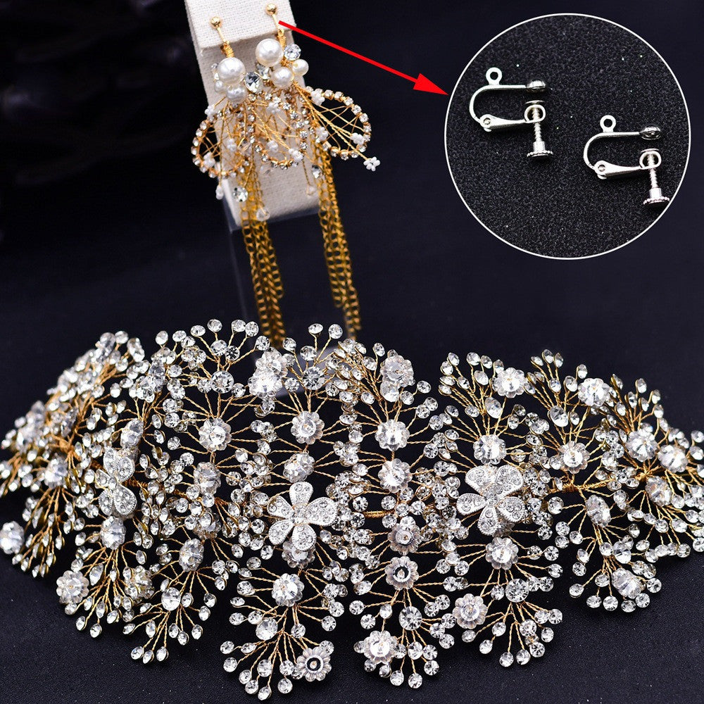 Decorative headband with floral and pearl details on a dark background, with close-up of earring backs.
