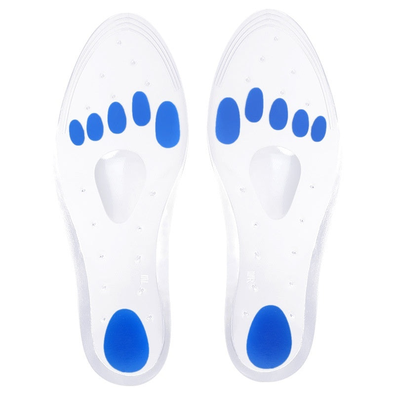 Pair of clear shoe insoles with blue accents on a white background