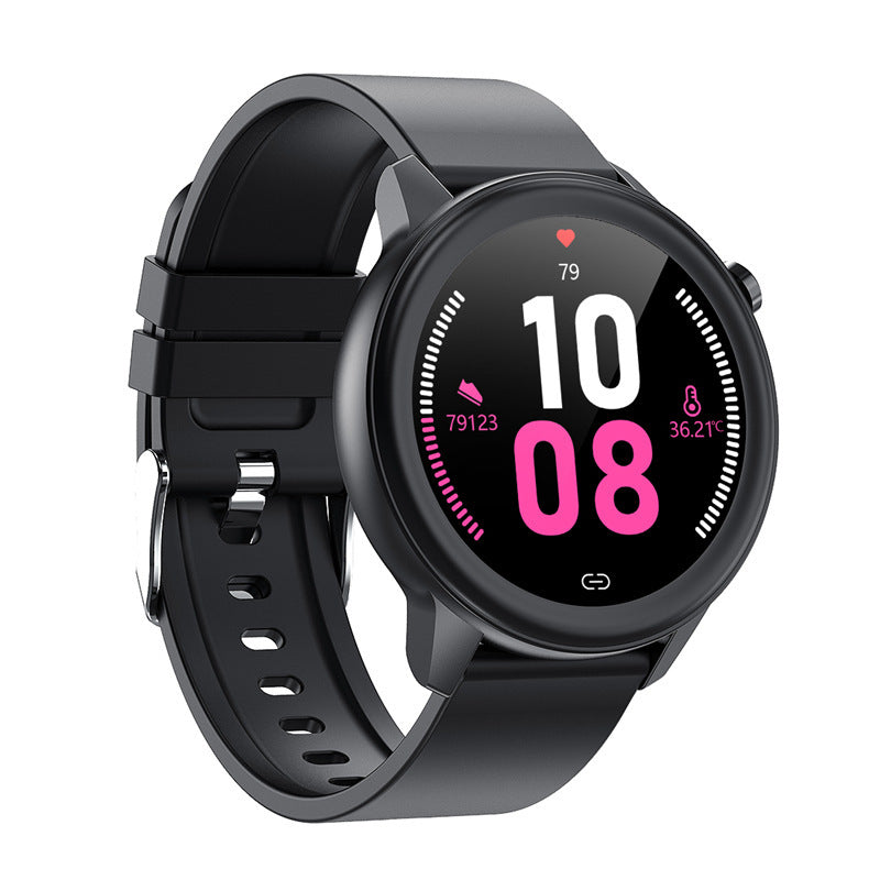 Black smartwatch with digital display on a white background