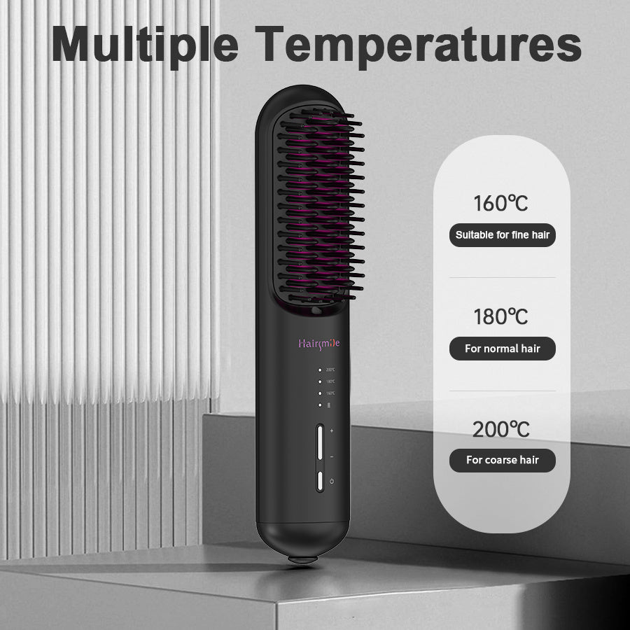 Hair straightening brush with temperature settings displayed on a gray background