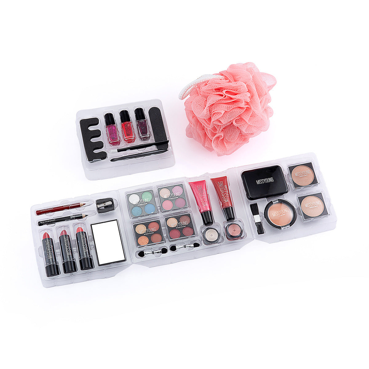 Makeup set with various products including lipsticks, eyeshadows, and a pink flower on a white background
