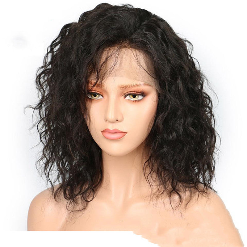 Mannequin head with black wavy hair on a white background