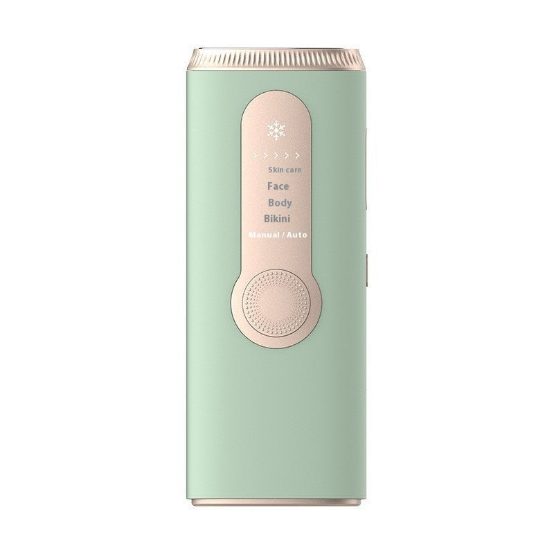 Green and rose gold electronic device on a white background