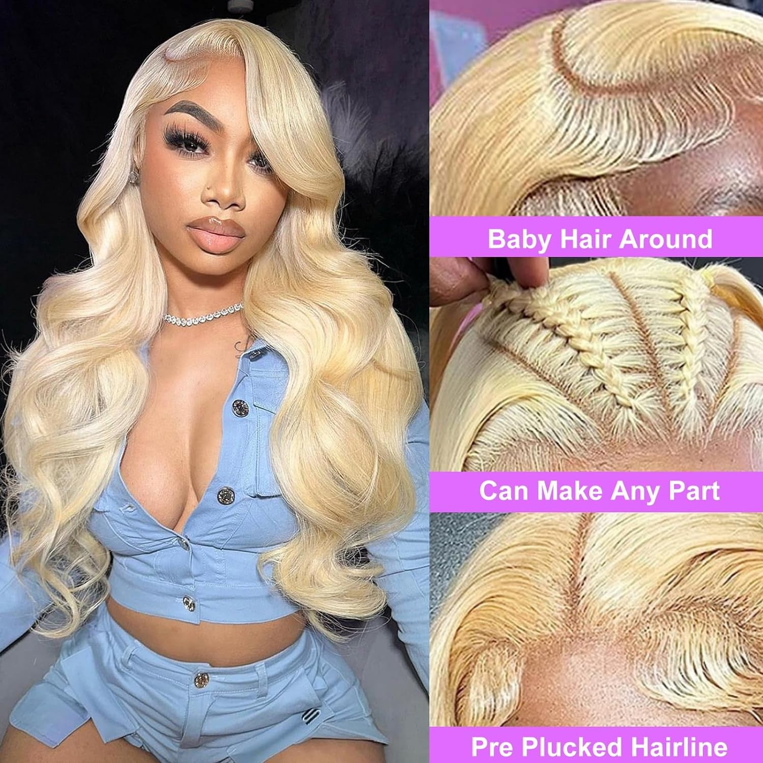 Woman with blonde wig and close-up details of the wig on a dark background