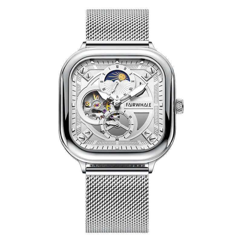 Silver wristwatch with detailed face on a white background