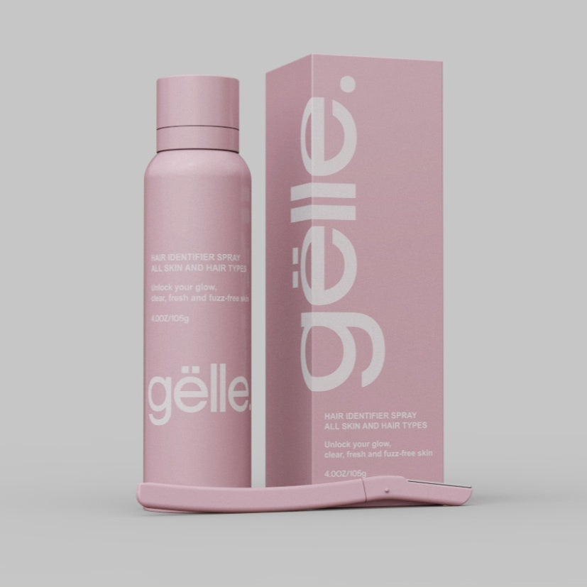 Pink hair product bottle and packaging with 'gelle' branding on a light gray background