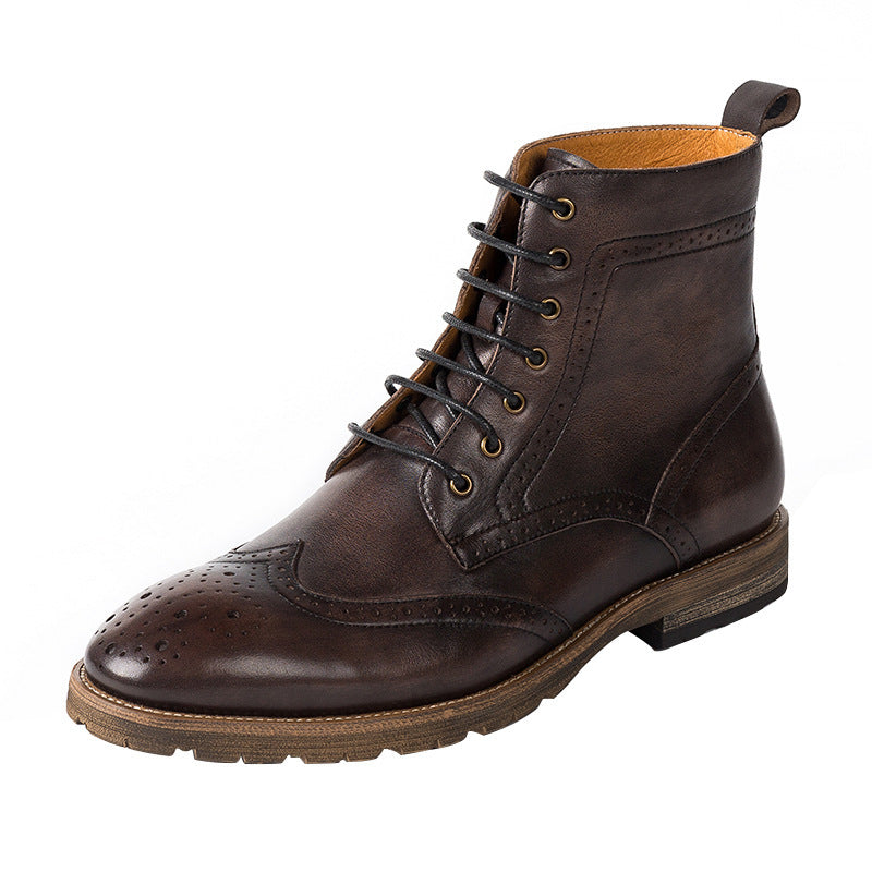Brown leather boot with lace-up design on a white background