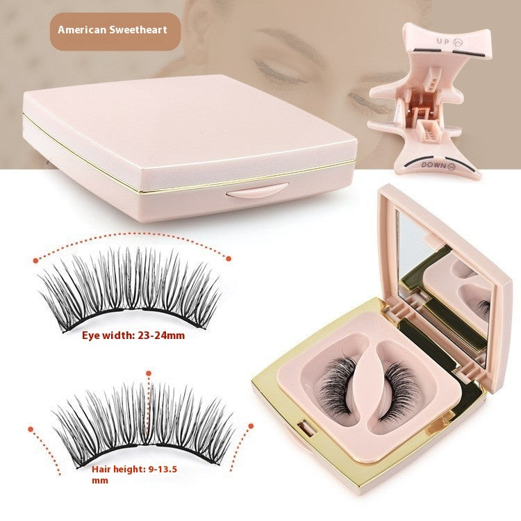 Set of false eyelashes with a case, applicator, and measurements displayed.