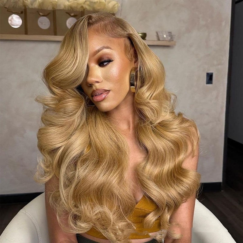 Woman with long, wavy blonde hair in a salon setting