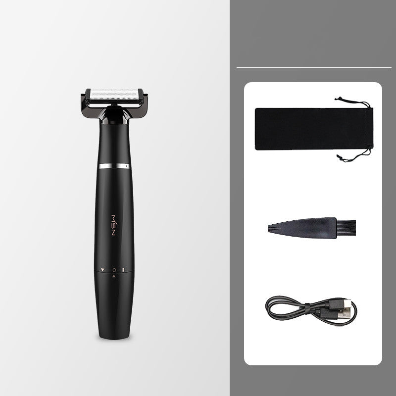 Black electric shaver with accessories on a white background