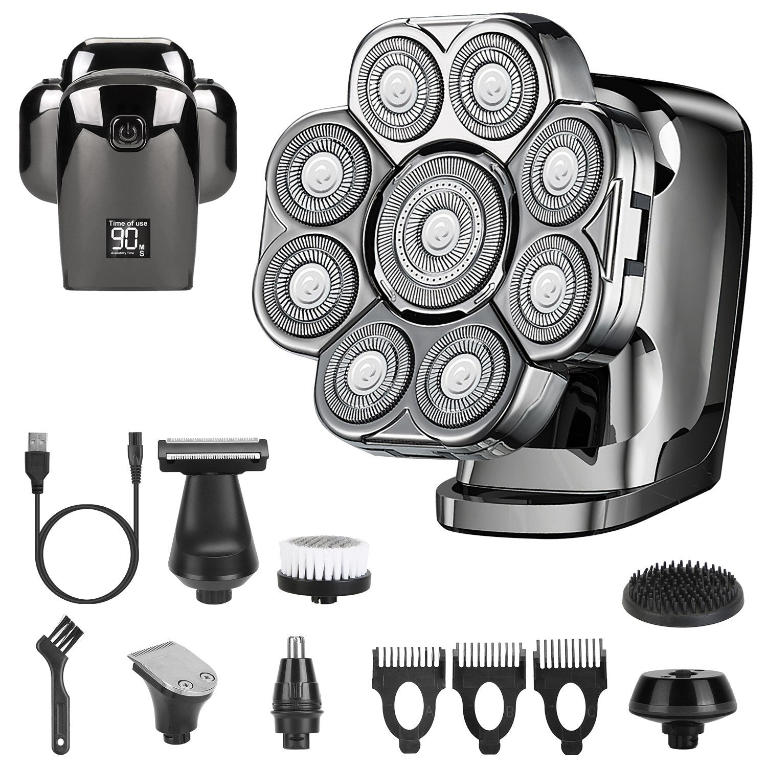 Electric shaver set with multiple attachments on a white background