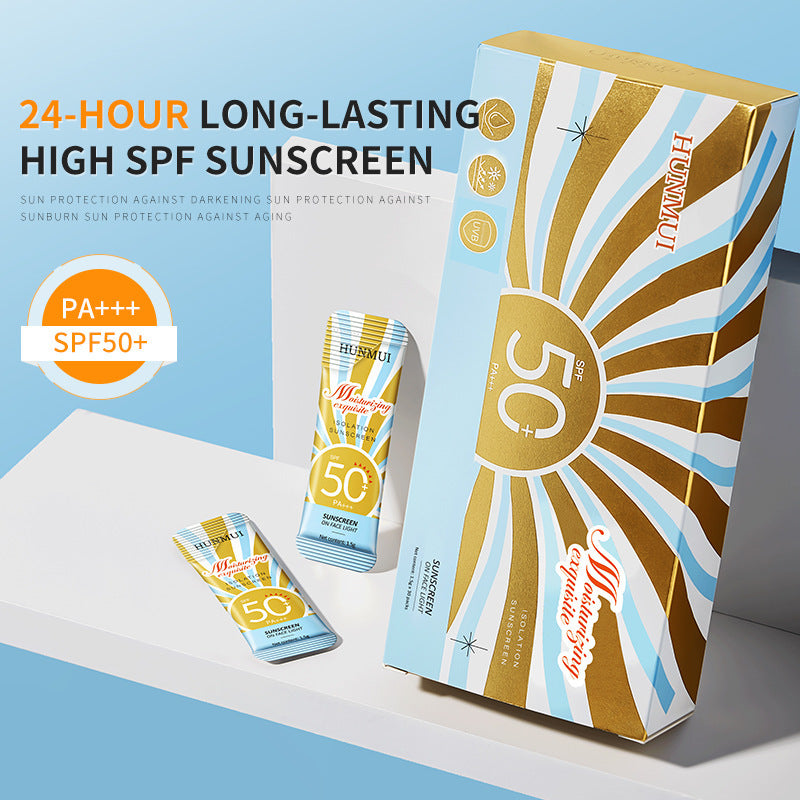 Sunscreen packaging with SPF50+ label on a blue background