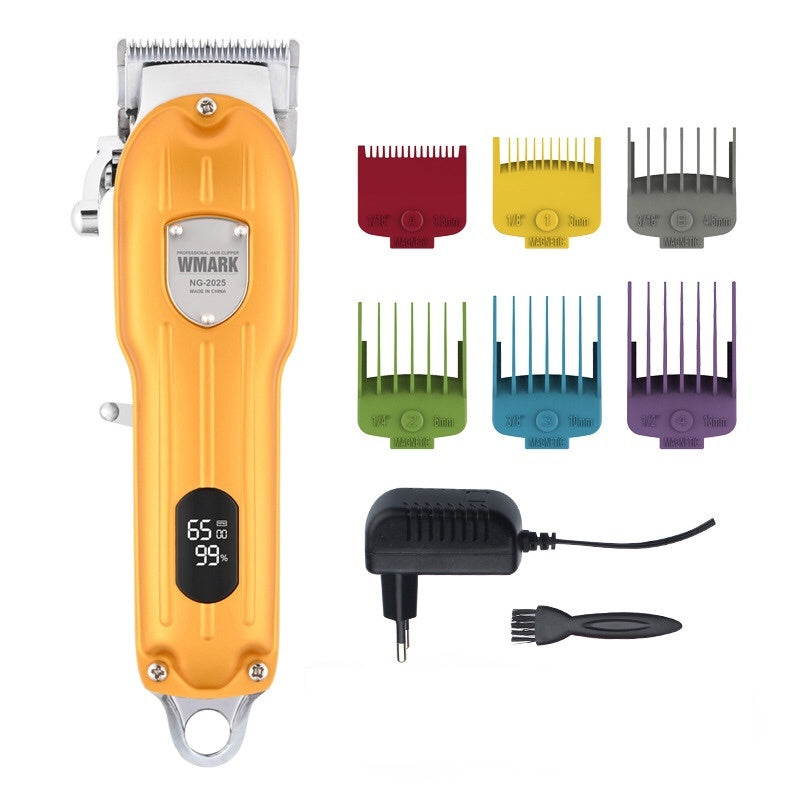 Yellow hair clipper with attachments on a white background