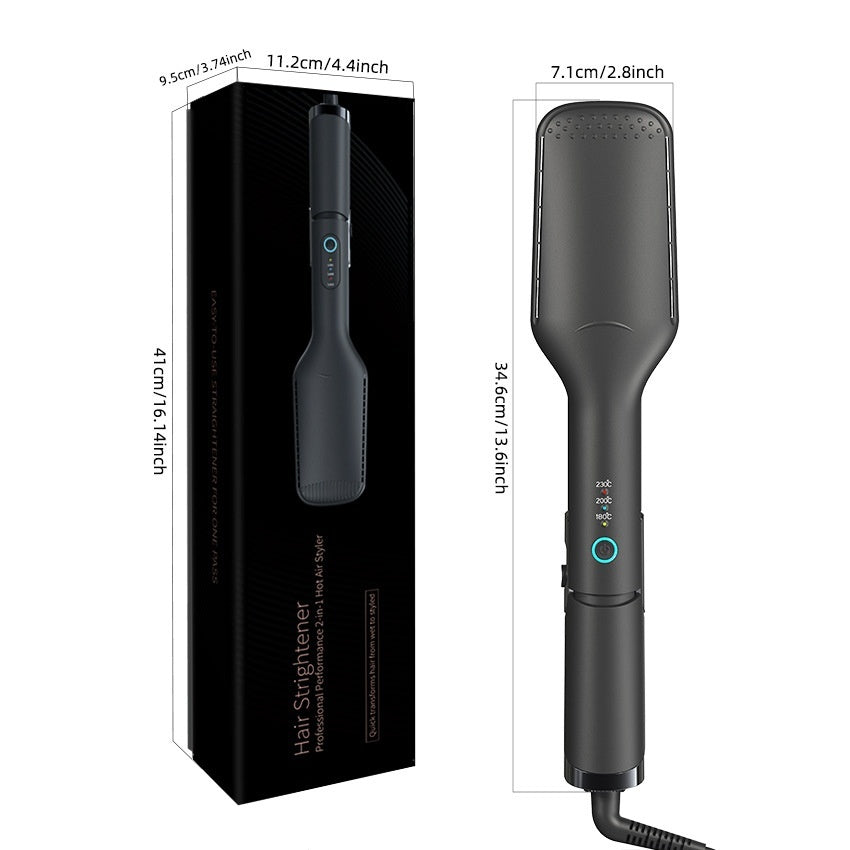 Black hair straightener with packaging and dimensions on a white background