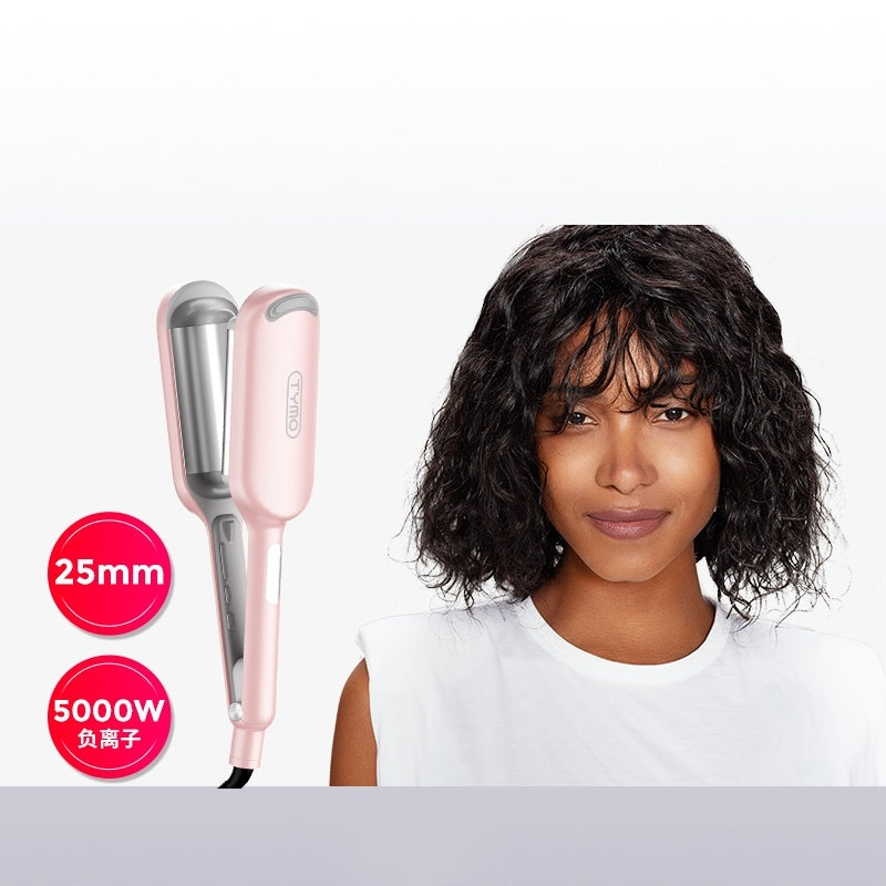 Woman with styled hair next to a pink hair straightener on a white background