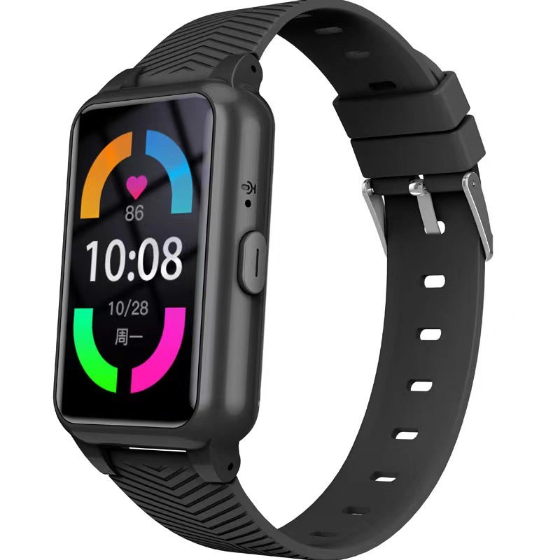 Black smartwatch with a colorful display on a white background