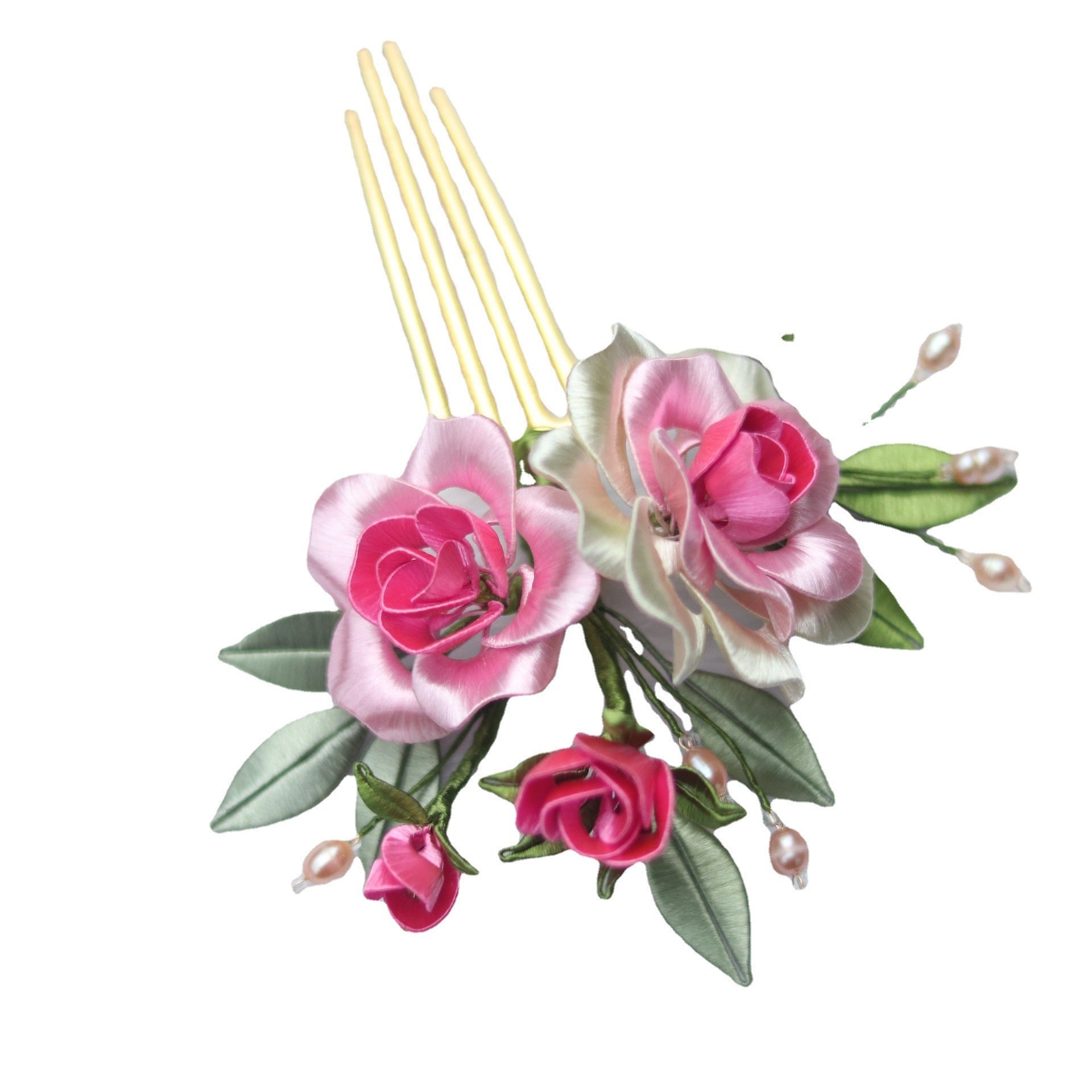Floral hair comb with pink and white flowers on a white background