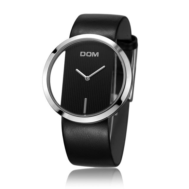 Black wristwatch with silver bezel and DOM branding on a white background
