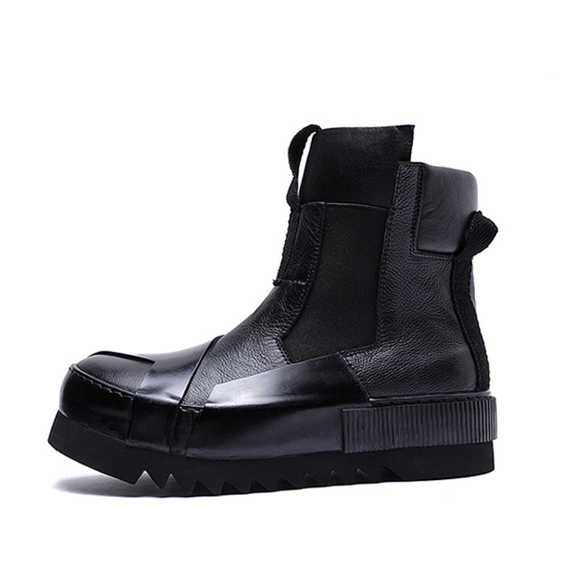 Black leather boot with unique design on a white background