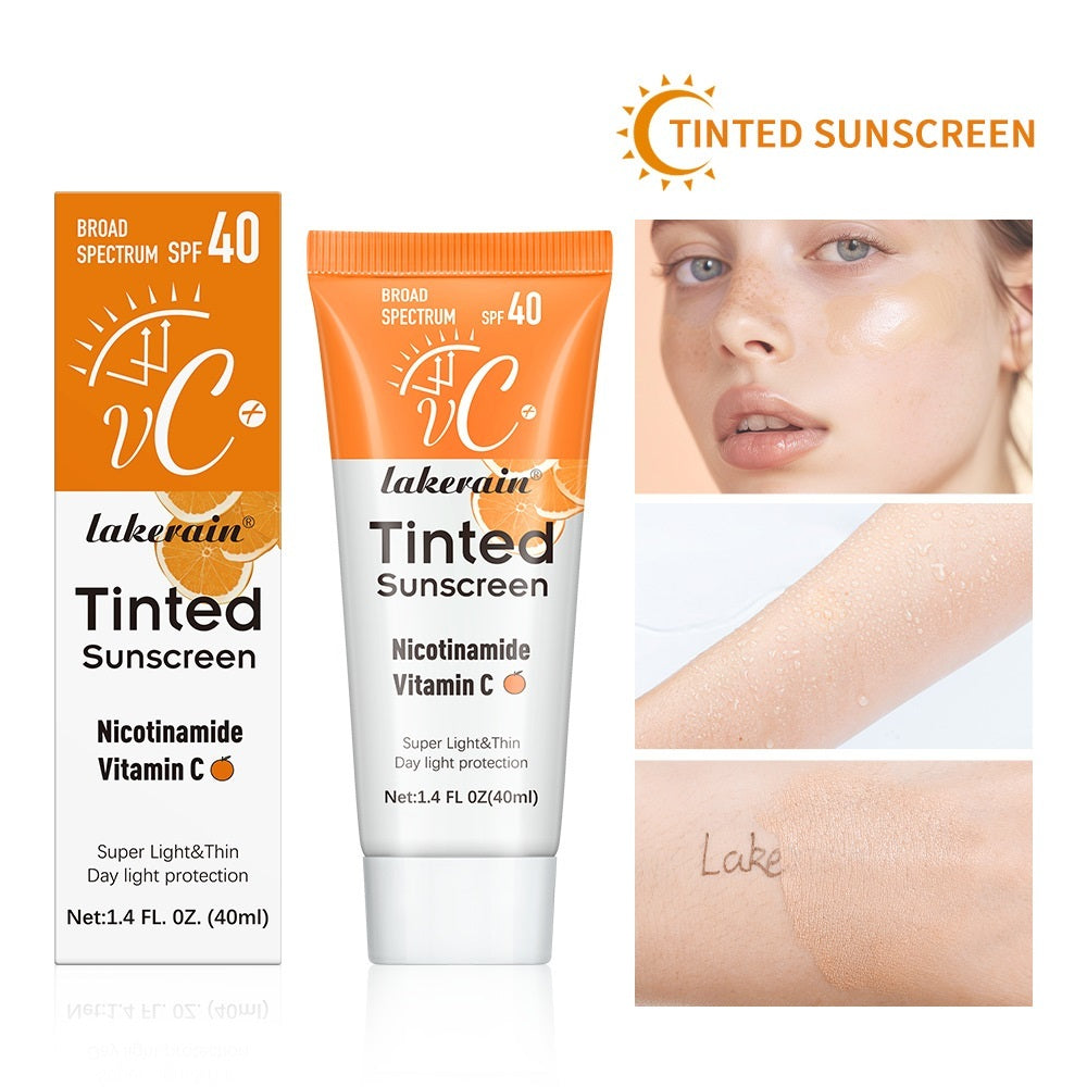 Lakerain Tinted Sunscreen packaging with a tube and box, and a close-up of a person applying it.
